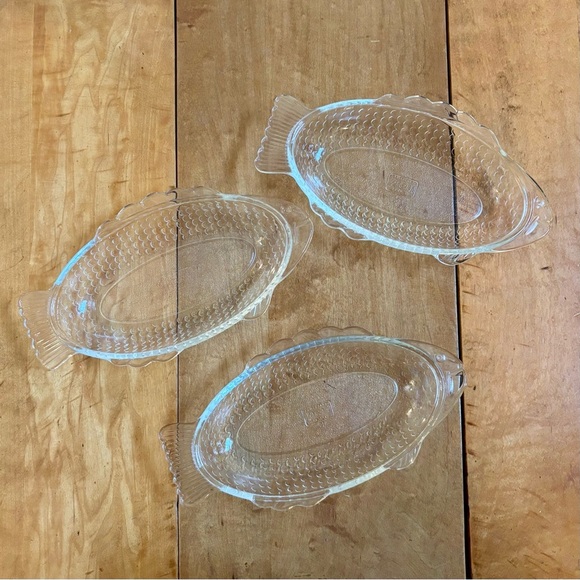 GLASBAKE Vintage 9” Clear Glass Fish Shaped Baking Dish Plate Dish #2145 Set 3 - Picture 1 of 7